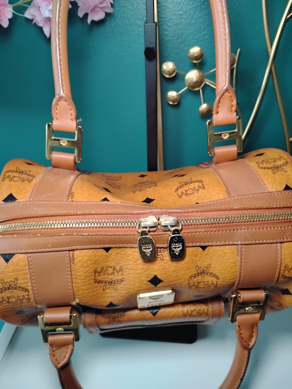 MCM Cognac Monogram Visetos Dome Satchel with Gold Hardware - Picture 7 of 10